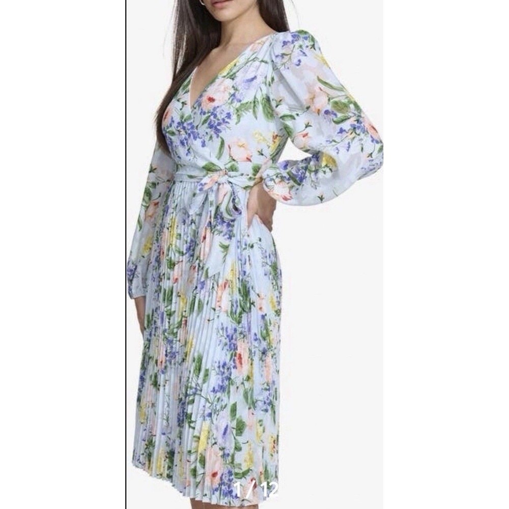 Kensie Blue Floral Burnout Faux Wrap Midi Dress Long Sleeve SZ 14 NWT
